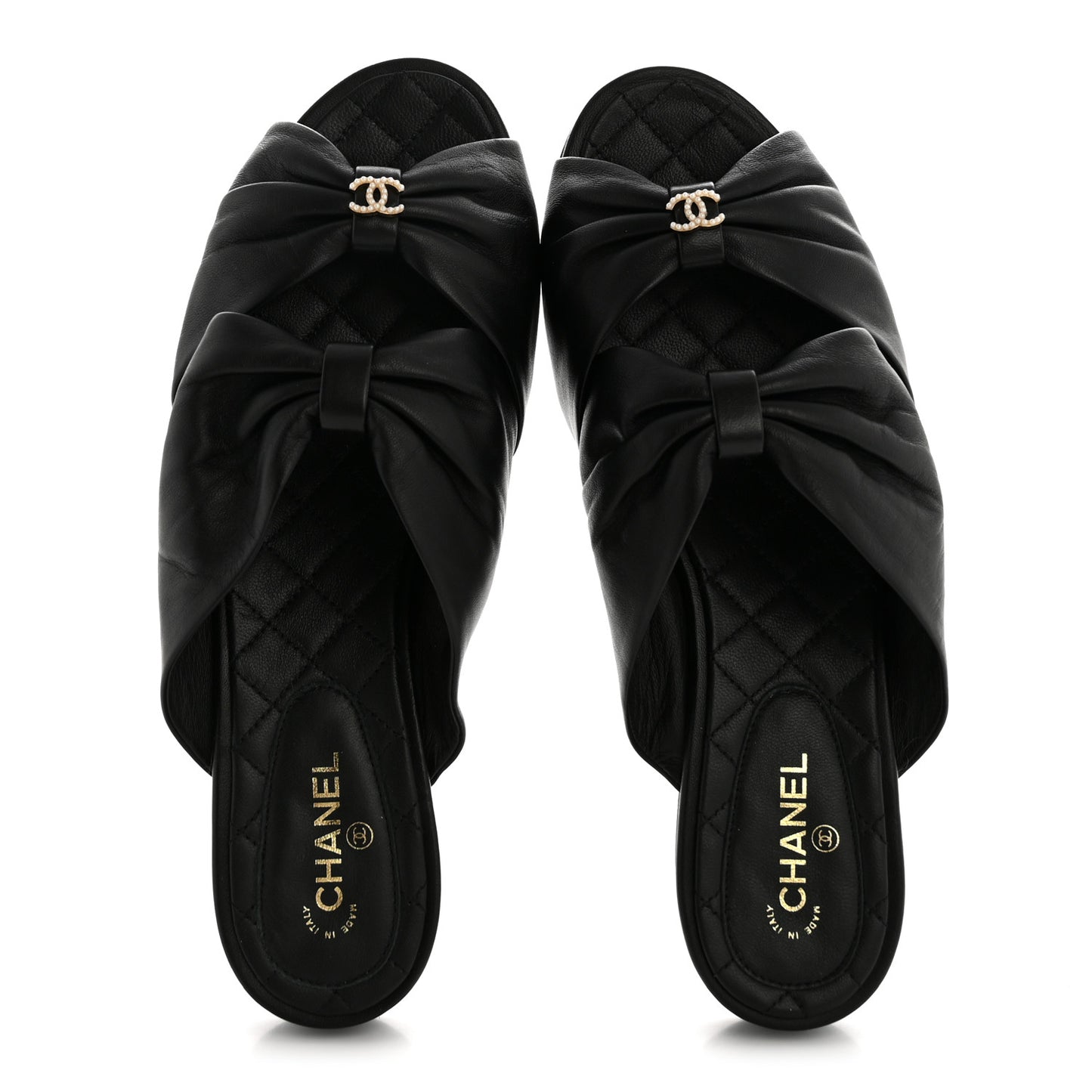 Lambskin Pearl Bow CC Flat Sandals 39 Black