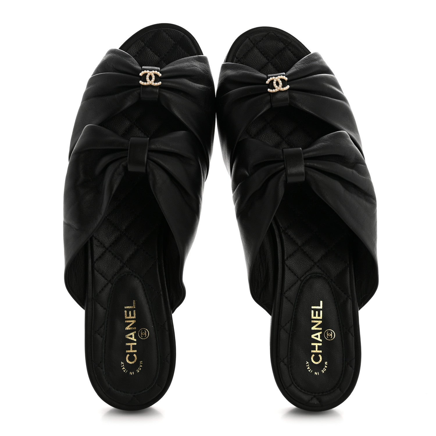 Chanel Lambskin Pearl Bow CC Flat Sandals 39 Black 2 of 10