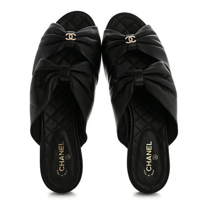 Chanel Lambskin Pearl Bow CC Flat Sandals 39 Black 2 of 10