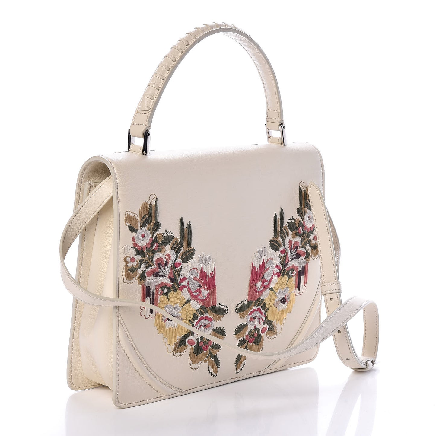 Calfskin Embroidered Flower Satchel Off White