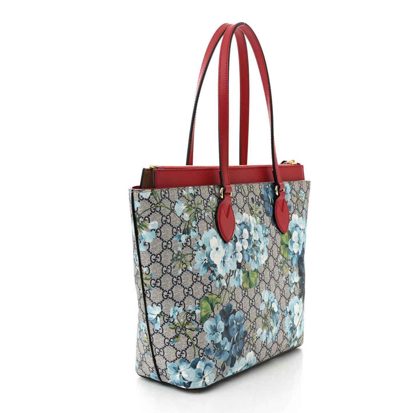 GG Supreme Monogram Blooms Medium Zippered Bucket Tote Beige Blue Navy Hibiscus Red