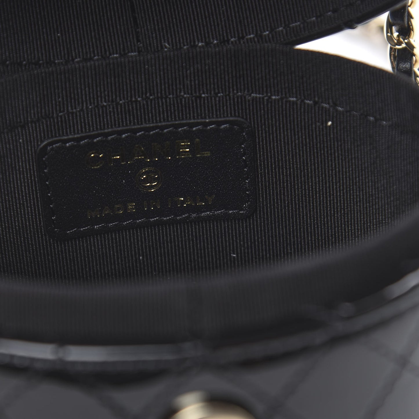 Patent Quilted Round Small Vanity With Chain Black