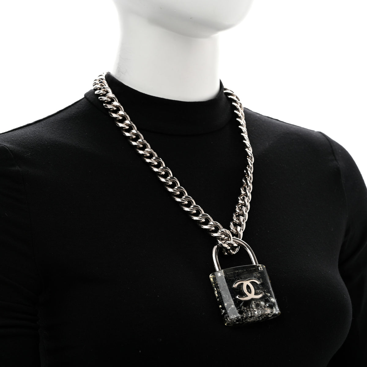 Chanel Resin CC Oversized Padlock Chain Necklace Silver Pearly White Silver Pearly White 2 of 5