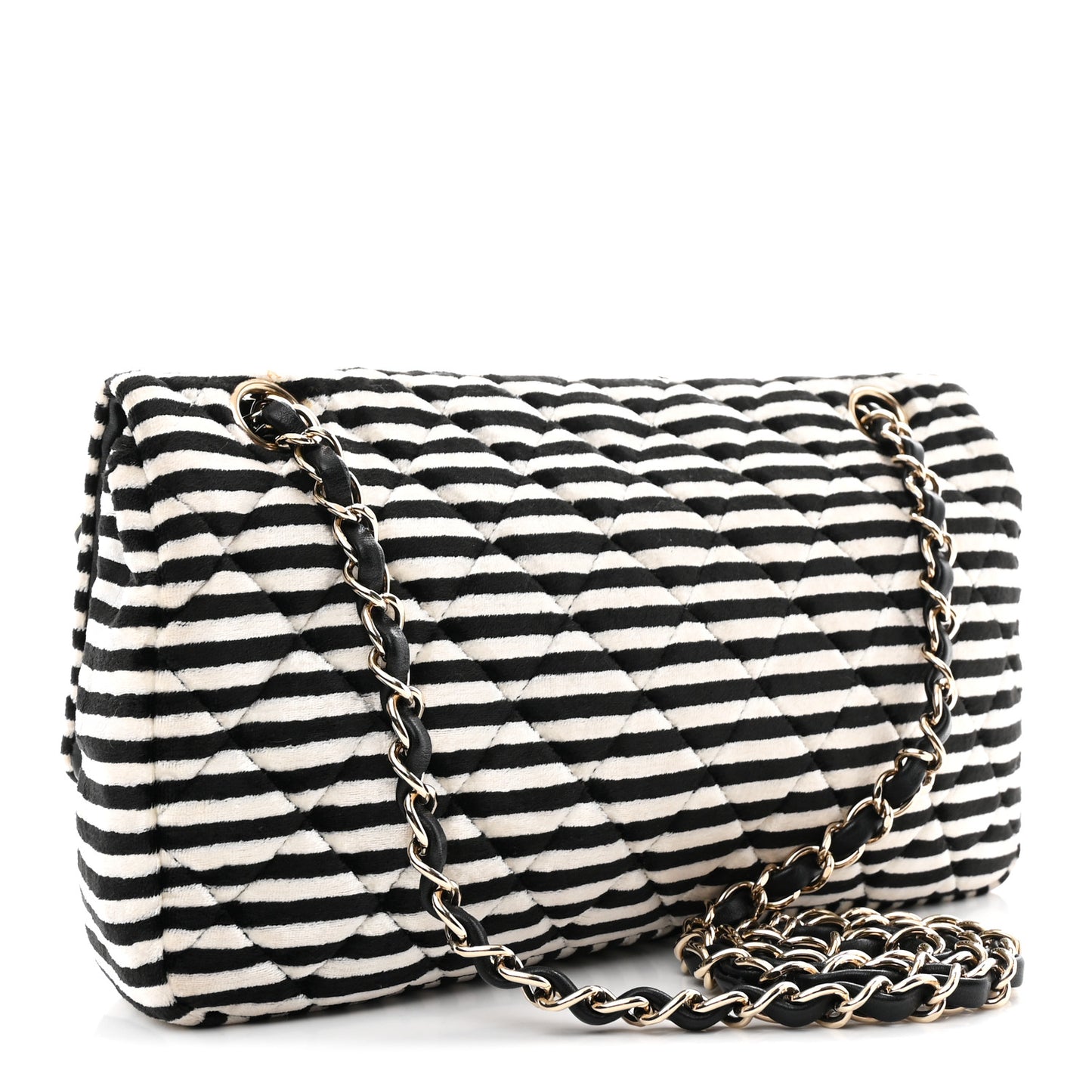 Velvet Quilted Striped Medium Single Flap Black White