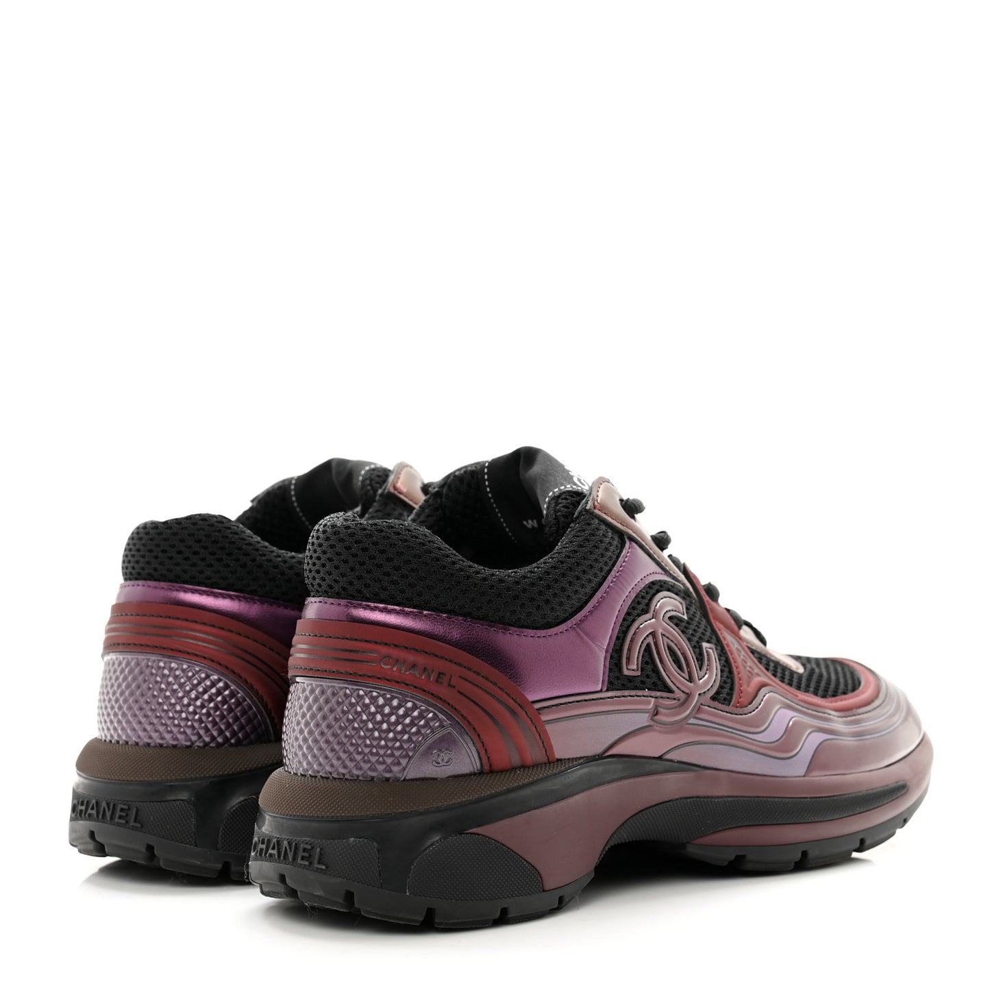 Fabric Laminated Calfskin Stretch CC Womens Sneakers 37 Black Dark Purple Burgundy