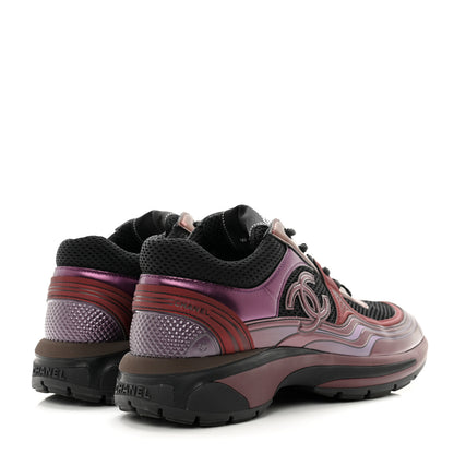 Chanel Fabric Laminated Calfskin Stretch CC Womens Sneakers 37 Black Dark Purple Burgundy 4 of 8