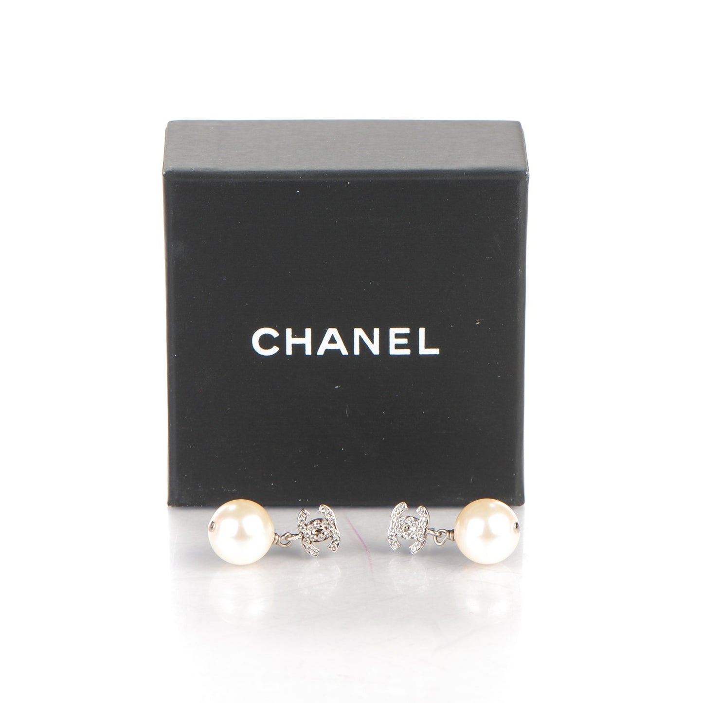 Crystal Pearl CC Drop Earrings Silver