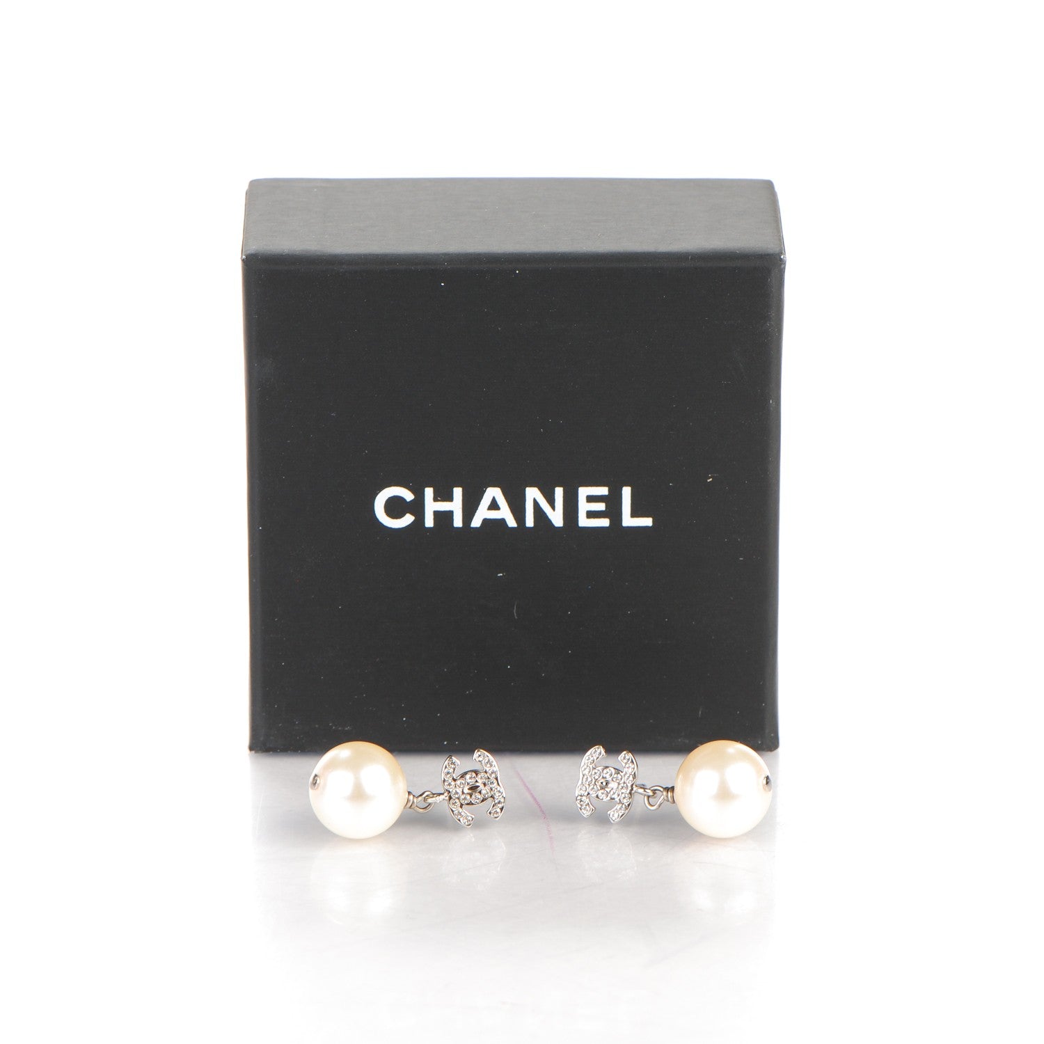 Chanel Crystal Pearl CC Drop Earrings Silver 5 of 5
