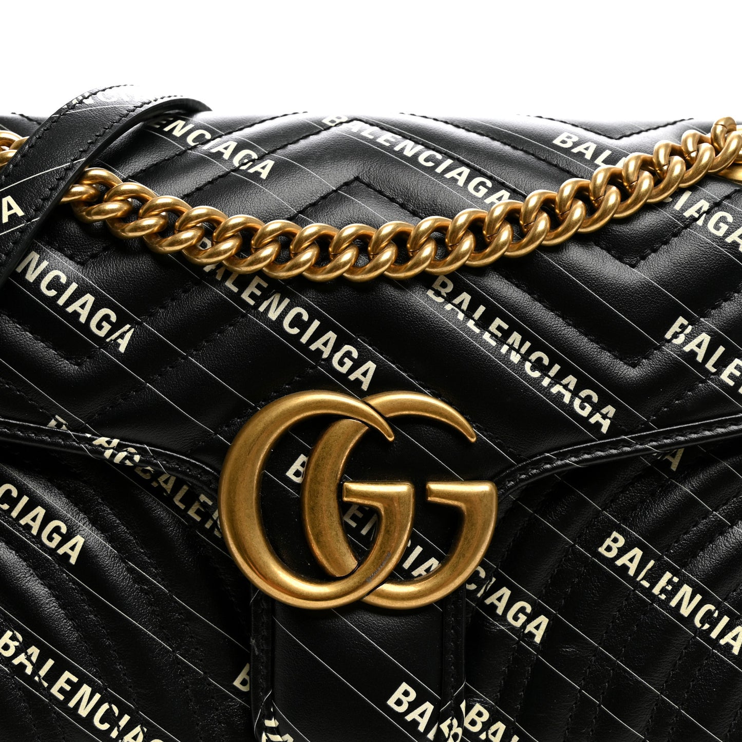 X BALENCIAGA Calfskin Matelasse Logo Print Small GG Marmont Shoulder Bag Black