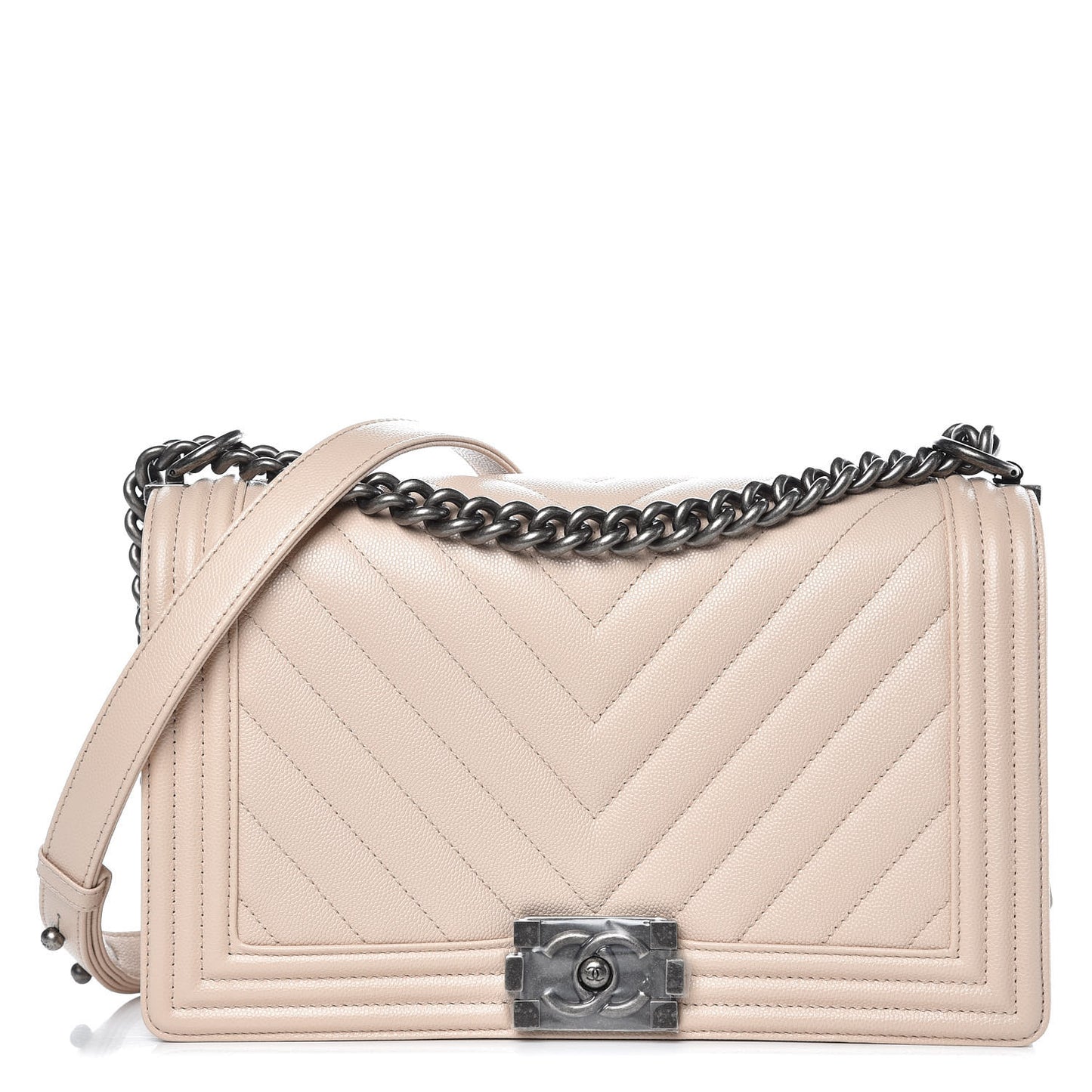 Caviar Chevron Quilted New Medium Boy Flap Light Beige
