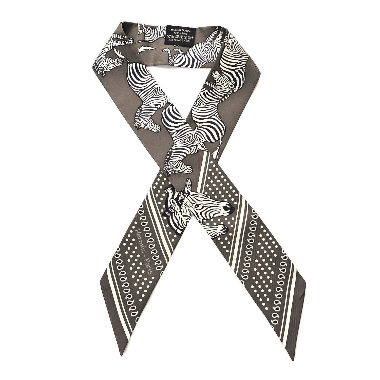 Hermes Silk Les Zebres Twilly Gris Taupe Black White 1 of 4