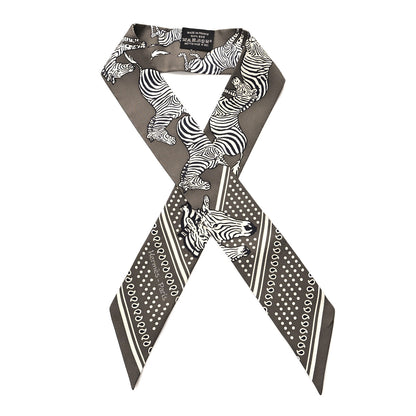 Hermes Silk Les Zebres Twilly Gris Taupe Black White 1 of 4