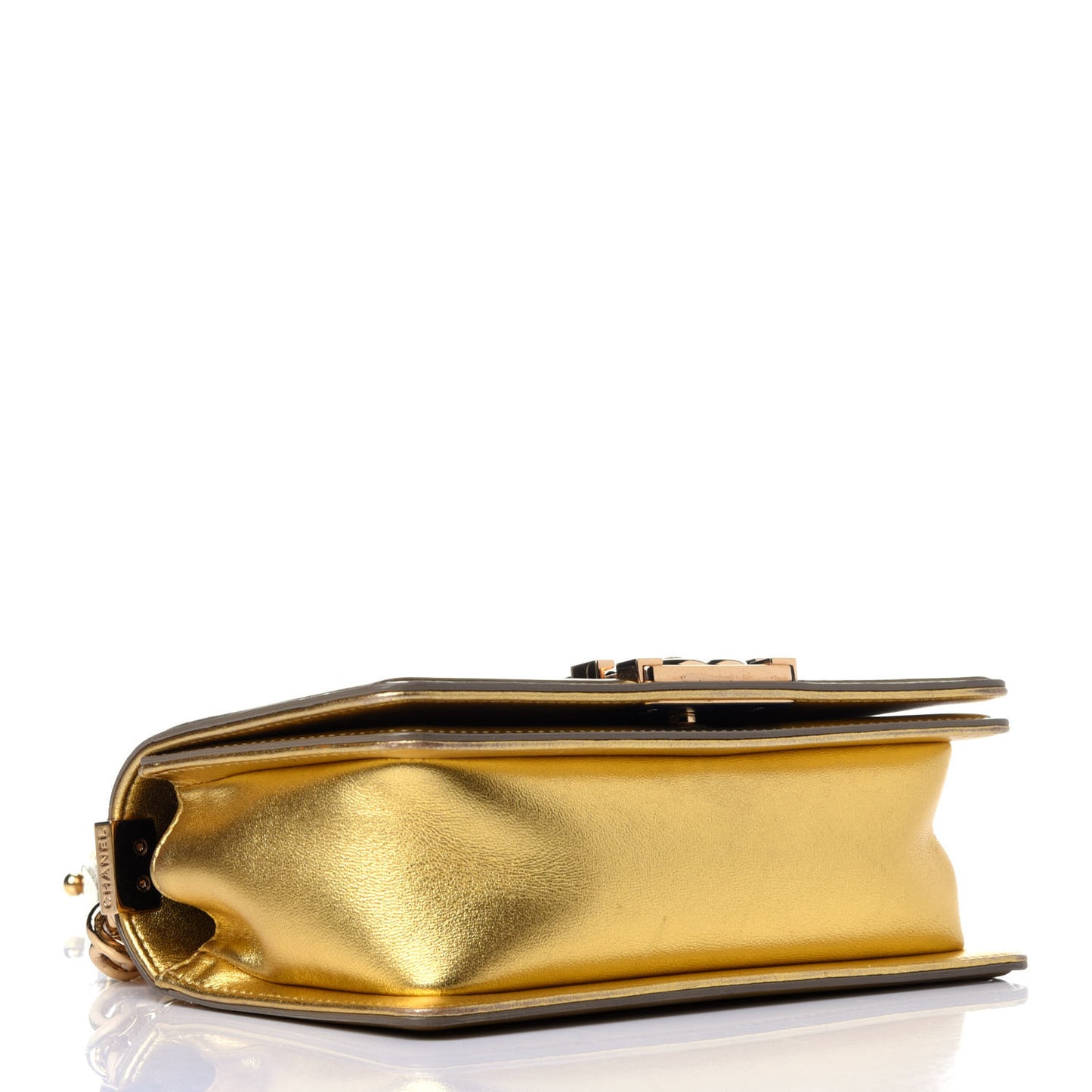 Metallic Patent Calfskin Quilted Small Boy Flap Gold