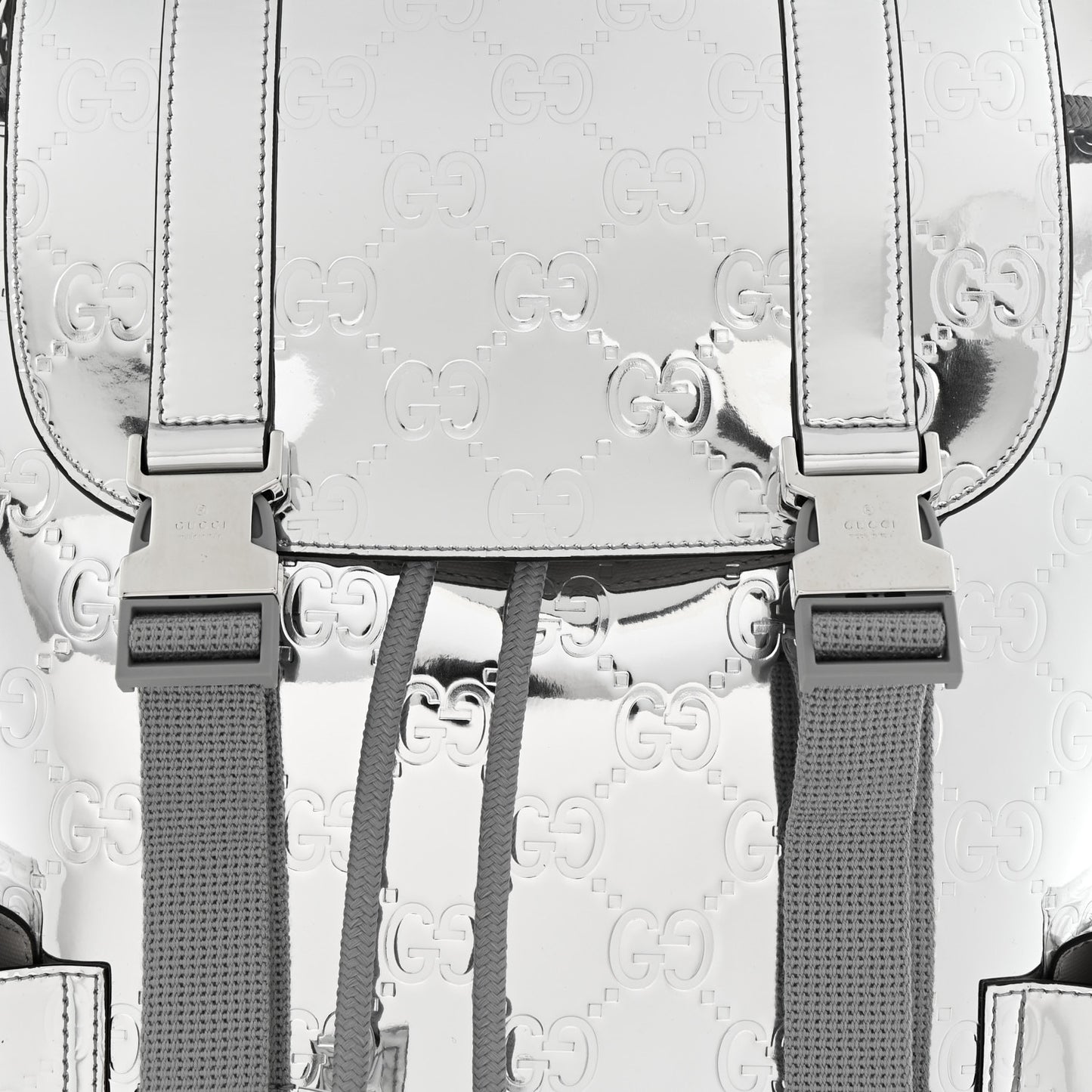 Mirror Effect GG Monogram Appia Calfskin Web Double Buckle Backpack Silver