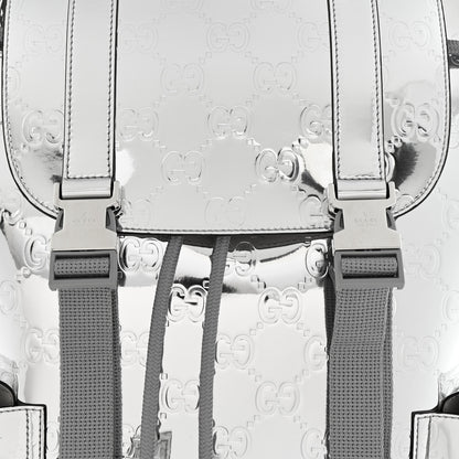 Gucci Mirror Effect GG Monogram Appia Calfskin Web Double Buckle Backpack Silver 7 of 9
