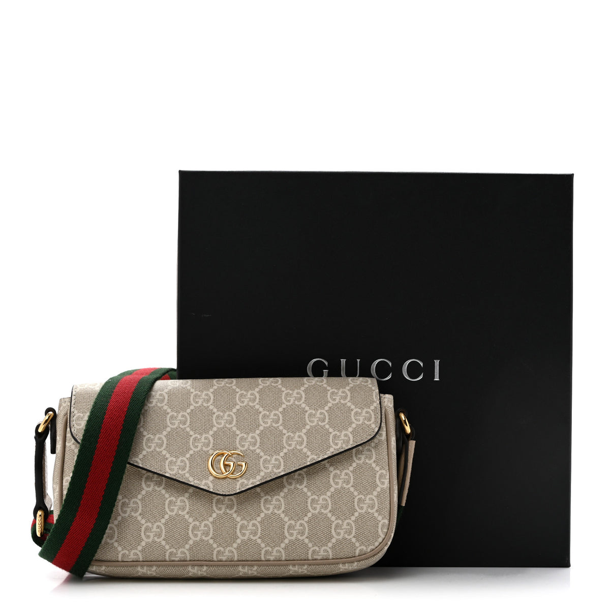 GG Supreme Monogram Textured Dollar Calfskin Web Mini Ophidia Envelope Shoulder Bag Beige Mystic White Oatmeal