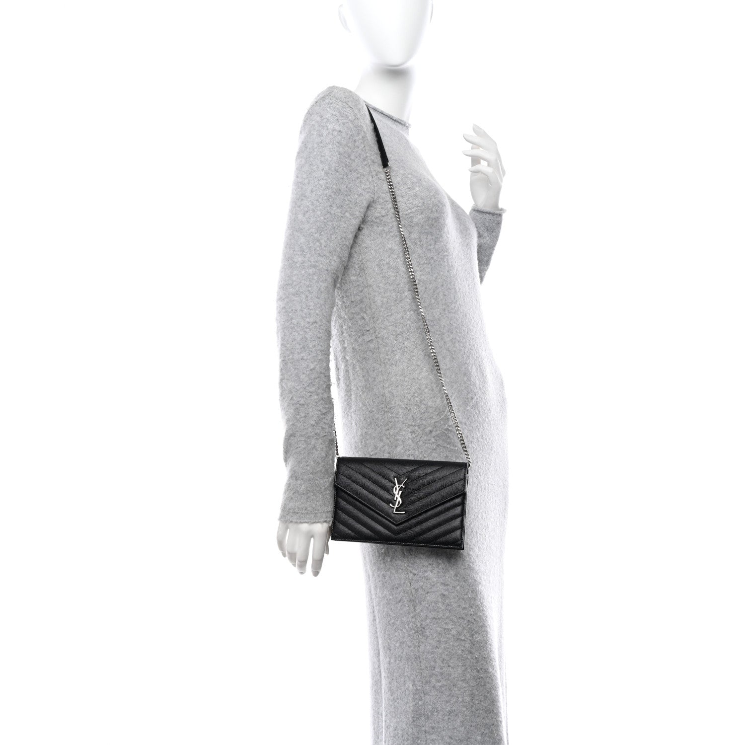 Saint Laurent Grain De Poudre Matelasse Chevron Monogram Envelope Chain Wallet Black 2 of 12