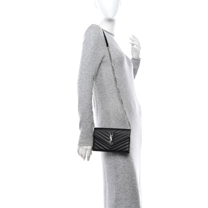 Saint Laurent Grain De Poudre Matelasse Chevron Monogram Envelope Chain Wallet Black 2 of 12