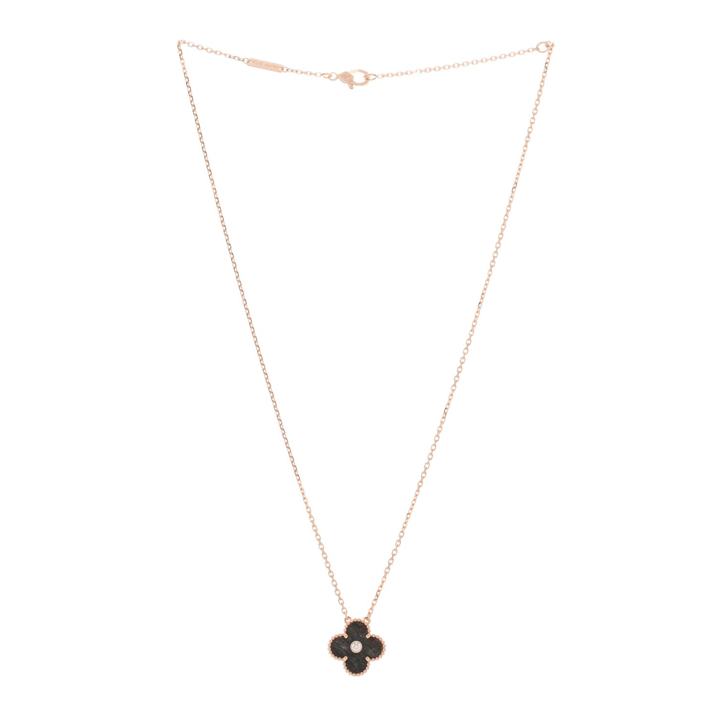 18K Rose Gold Diamond Silver Obsidian Vintage Alhambra Pendant Necklace