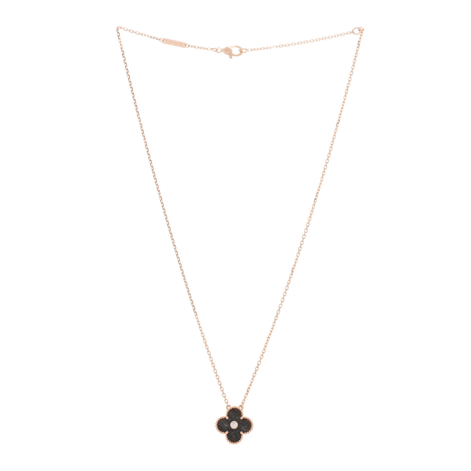 Van Cleef & Arpels 18K Rose Gold Diamond Silver Obsidian Vintage Alhambra Pendant Necklace 2 of 4