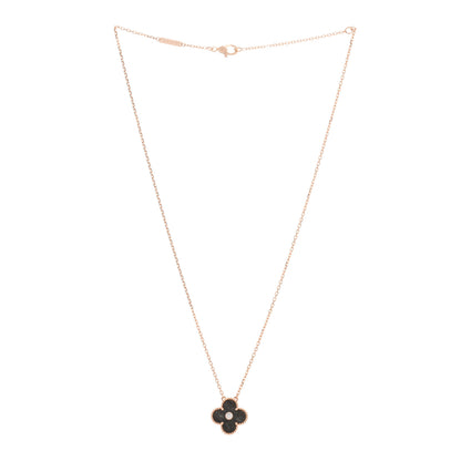 Van Cleef & Arpels 18K Rose Gold Diamond Silver Obsidian Vintage Alhambra Pendant Necklace 2 of 4