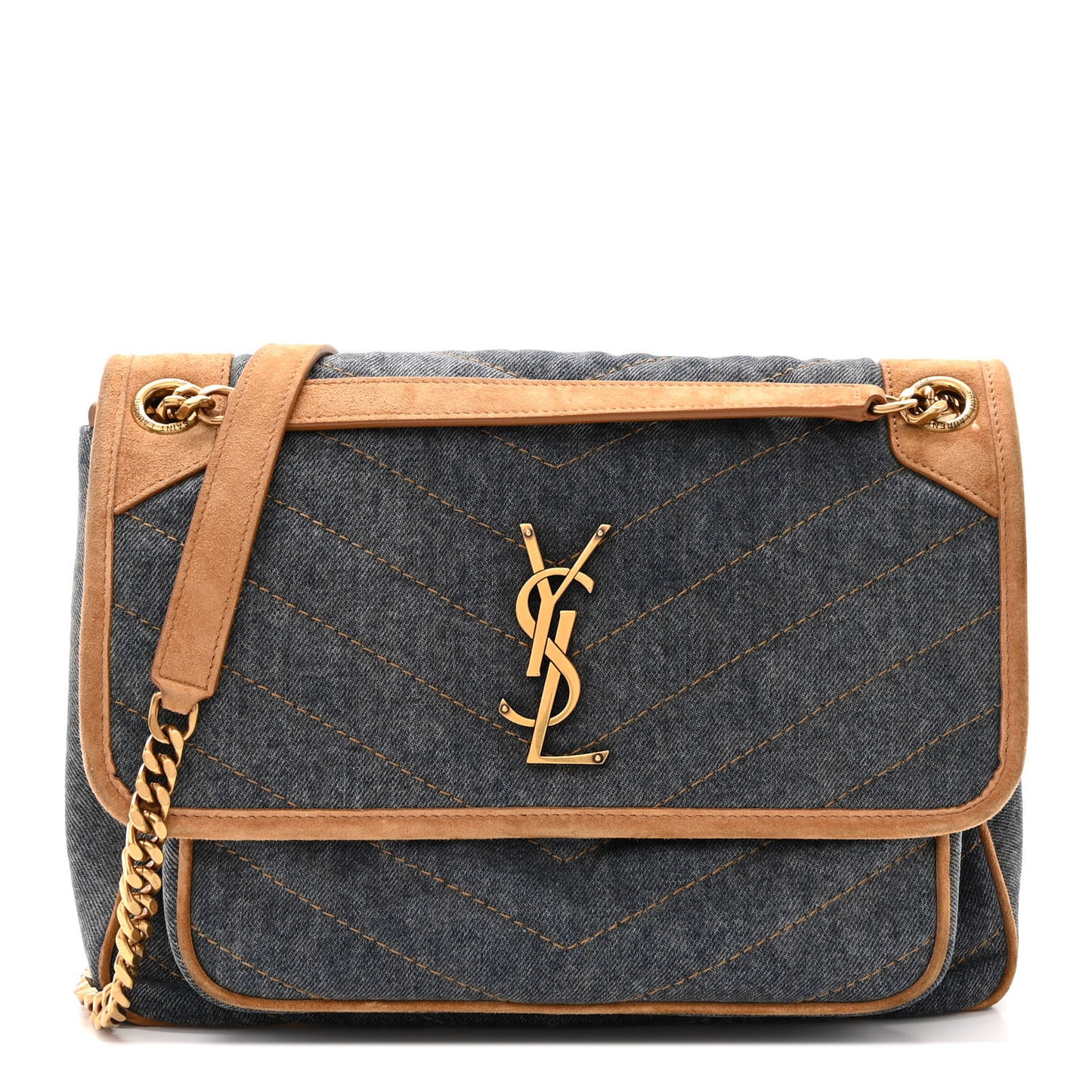 Denim Suede Monogram Medium Niki Chain Satchel Blue Cinnamon