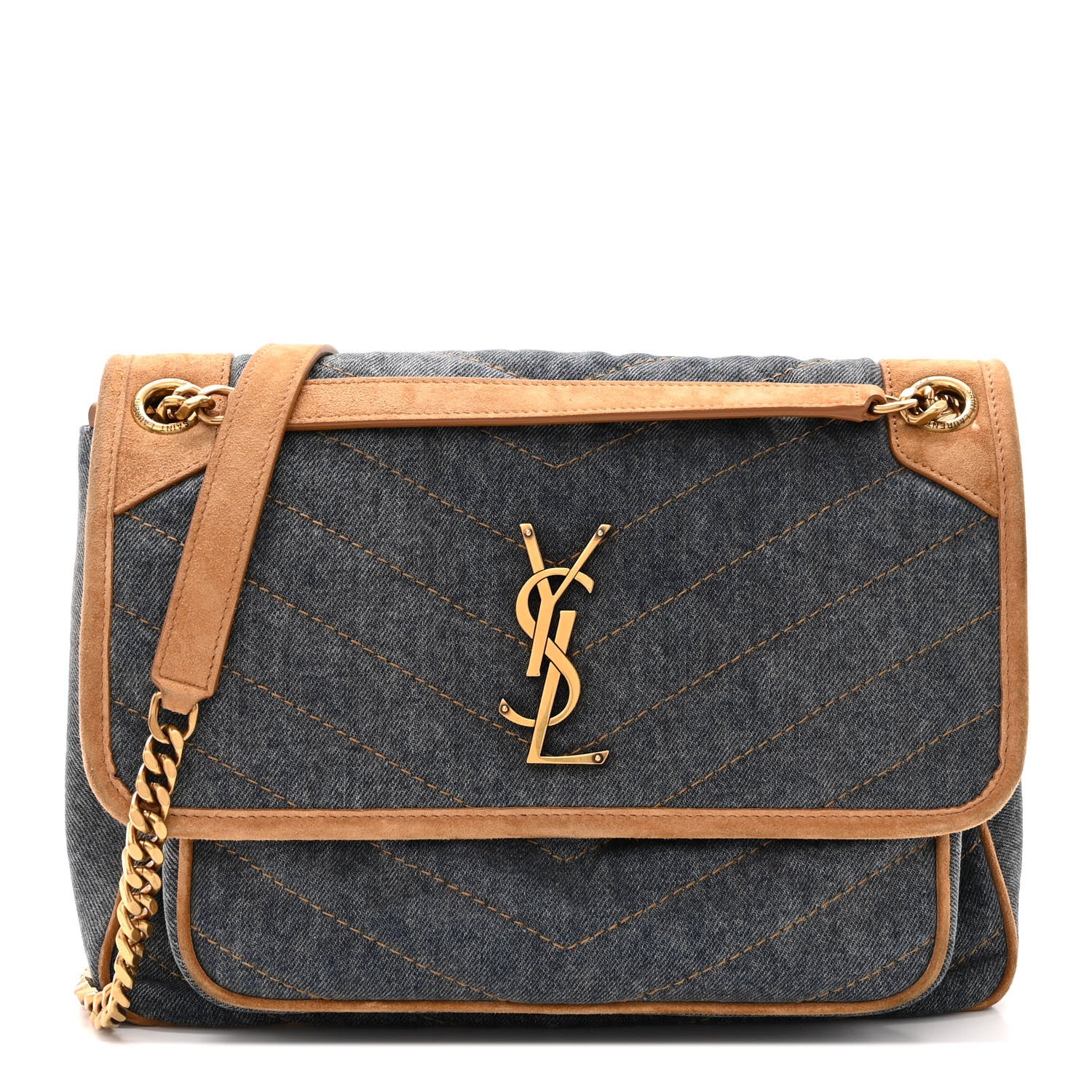 Saint Laurent Denim Suede Monogram Medium Niki Chain Satchel Blue Cinnamon 1 of 12