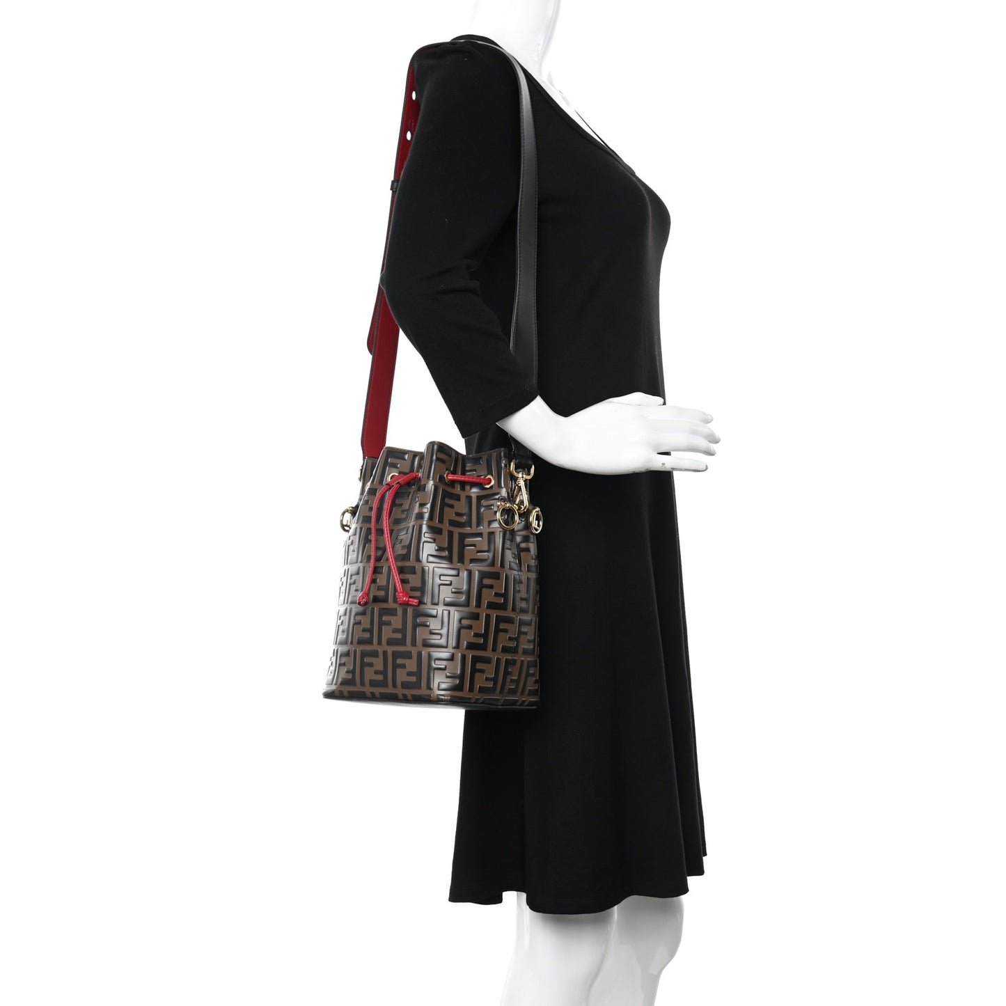 Vitello Grace F is Fendi Bi-Color FF 1974 Embossed Grande Mon Tresor Bucket Bag Maya Black Fragola