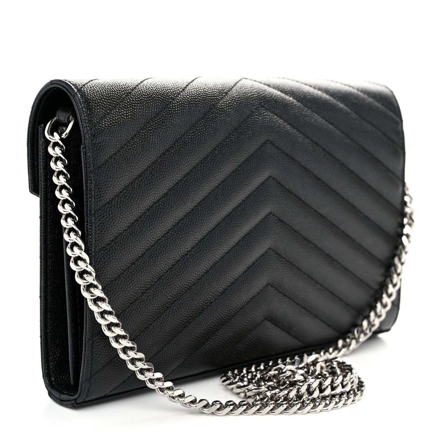 Saint Laurent Grain De Poudre Matelasse Chevron Monogram Chain Wallet Black 2 of 9