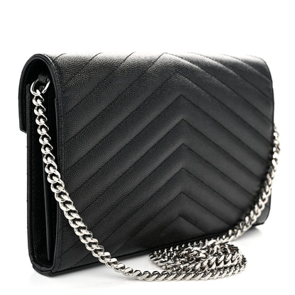 Saint Laurent Grain De Poudre Matelasse Chevron Monogram Chain Wallet Black 2 of 9