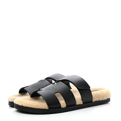 Hermes Veau Indios Woolskin Mens Chypre Sandals 41 Black Ecru 3 of 4