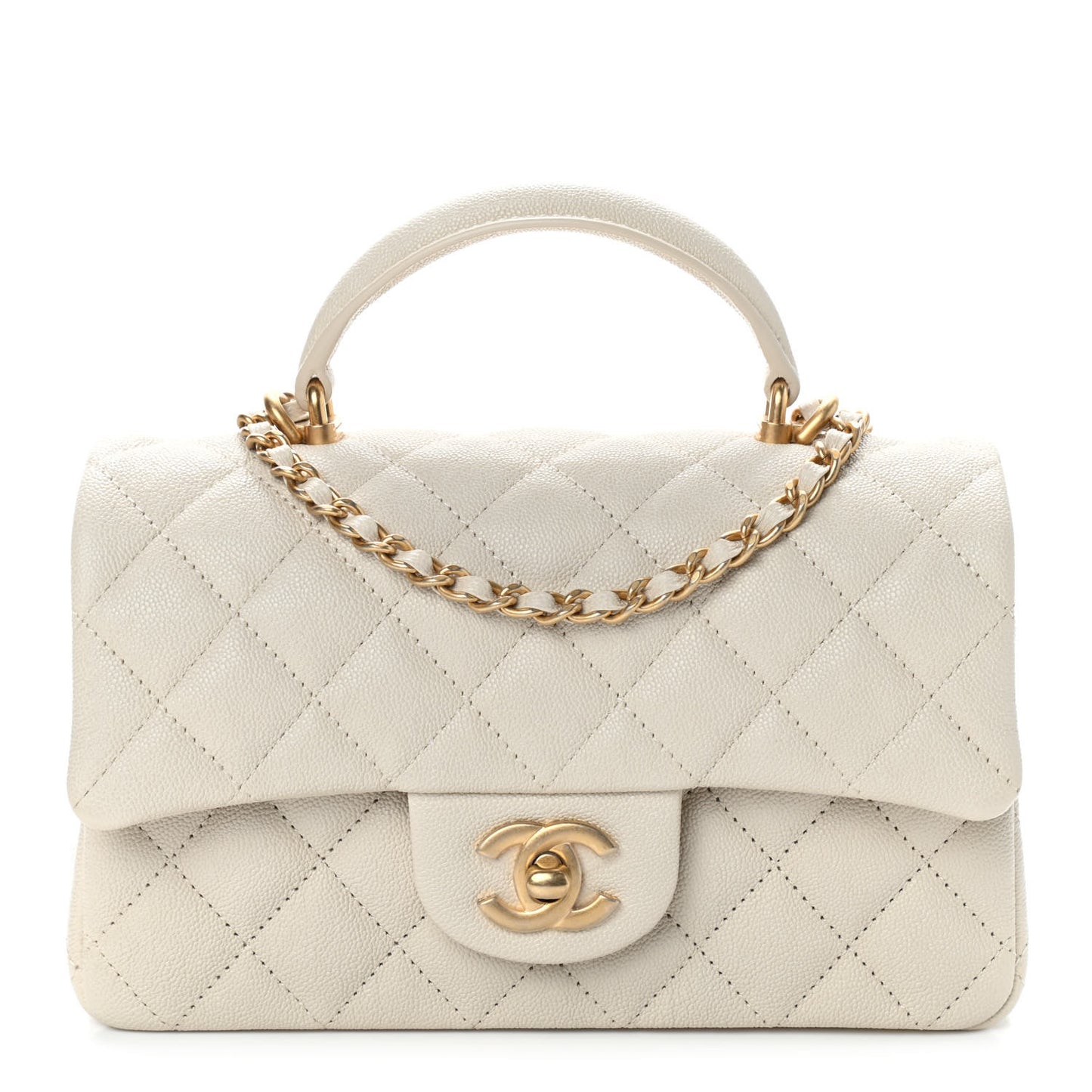 Caviar Quilted Mini Top Handle Rectangular Flap Beige