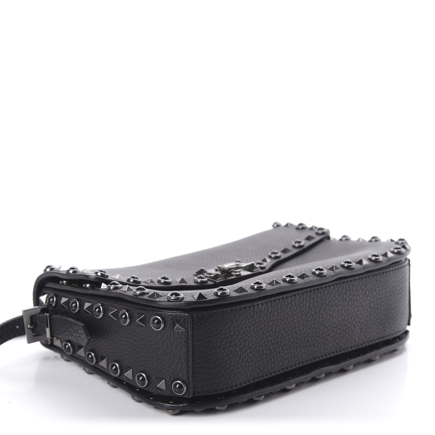 Pebbled Calfskin Onyx Medium Rockstud Rolling Flap Saddle Bag Black