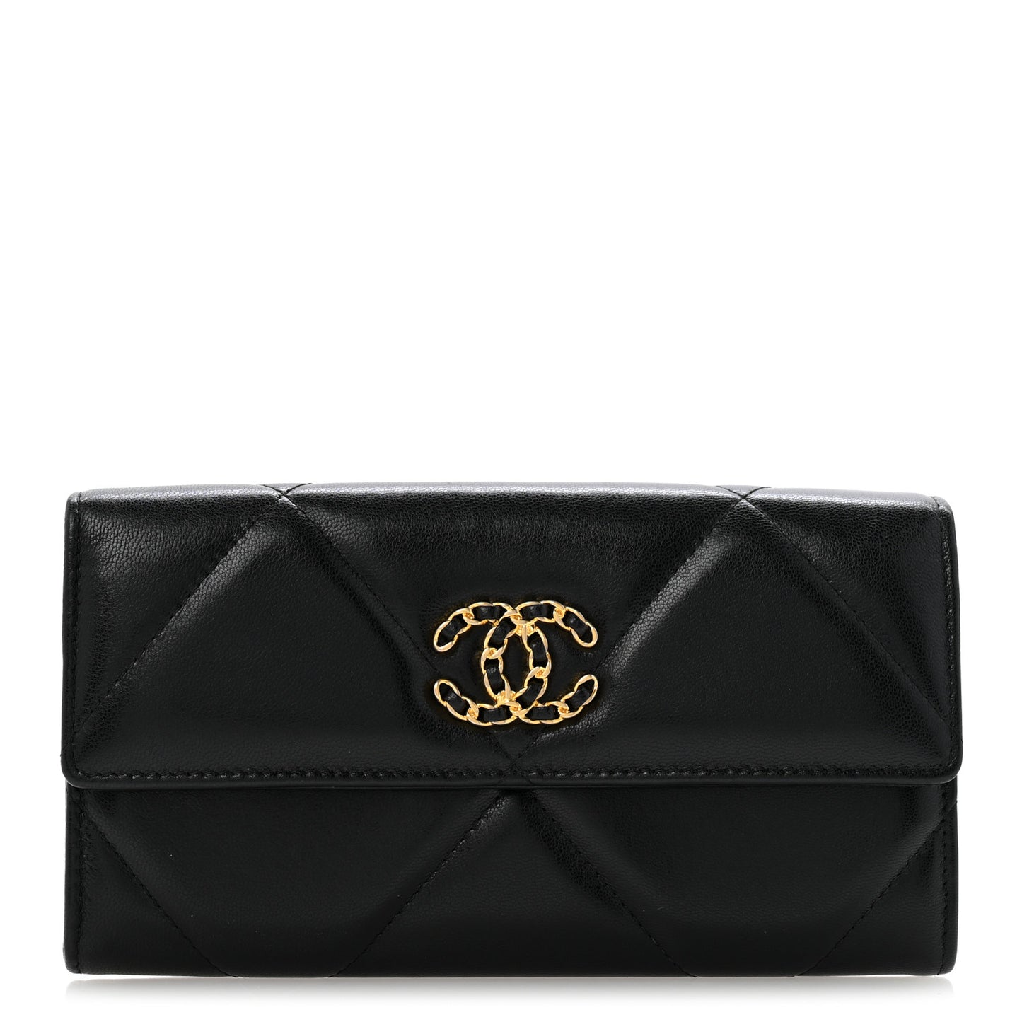 Shiny Goatskin Quilted Chanel 19 Flap Wallet Black