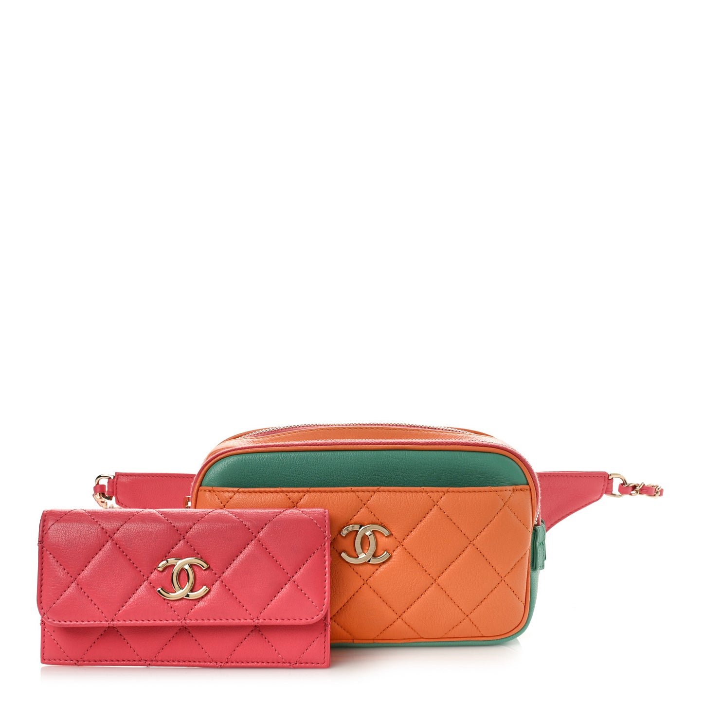 Goatskin Quilted Tri-Color In & Out Waist Bag Orange Green Pink