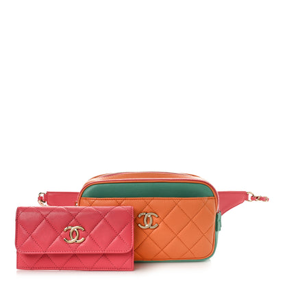 Chanel Goatskin Quilted Tri-Color In & Out Waist Bag Orange Green Pink 1 of 12