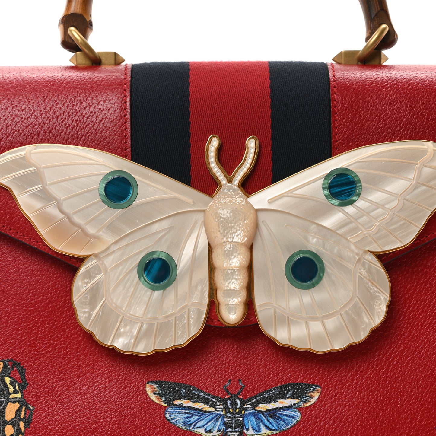 Calfskin Bamboo Web Medium Falena Moth Top Handle Bag Hibiscus Red