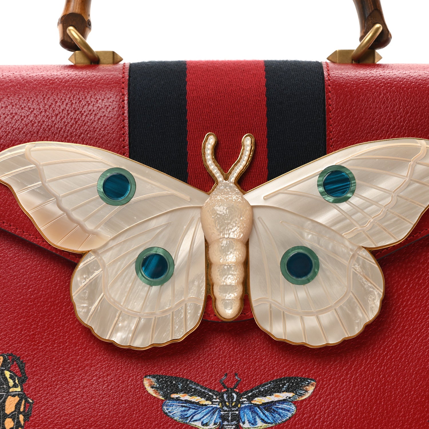 Gucci Calfskin Bamboo Web Medium Falena Moth Top Handle Bag Hibiscus Red 8 of 12