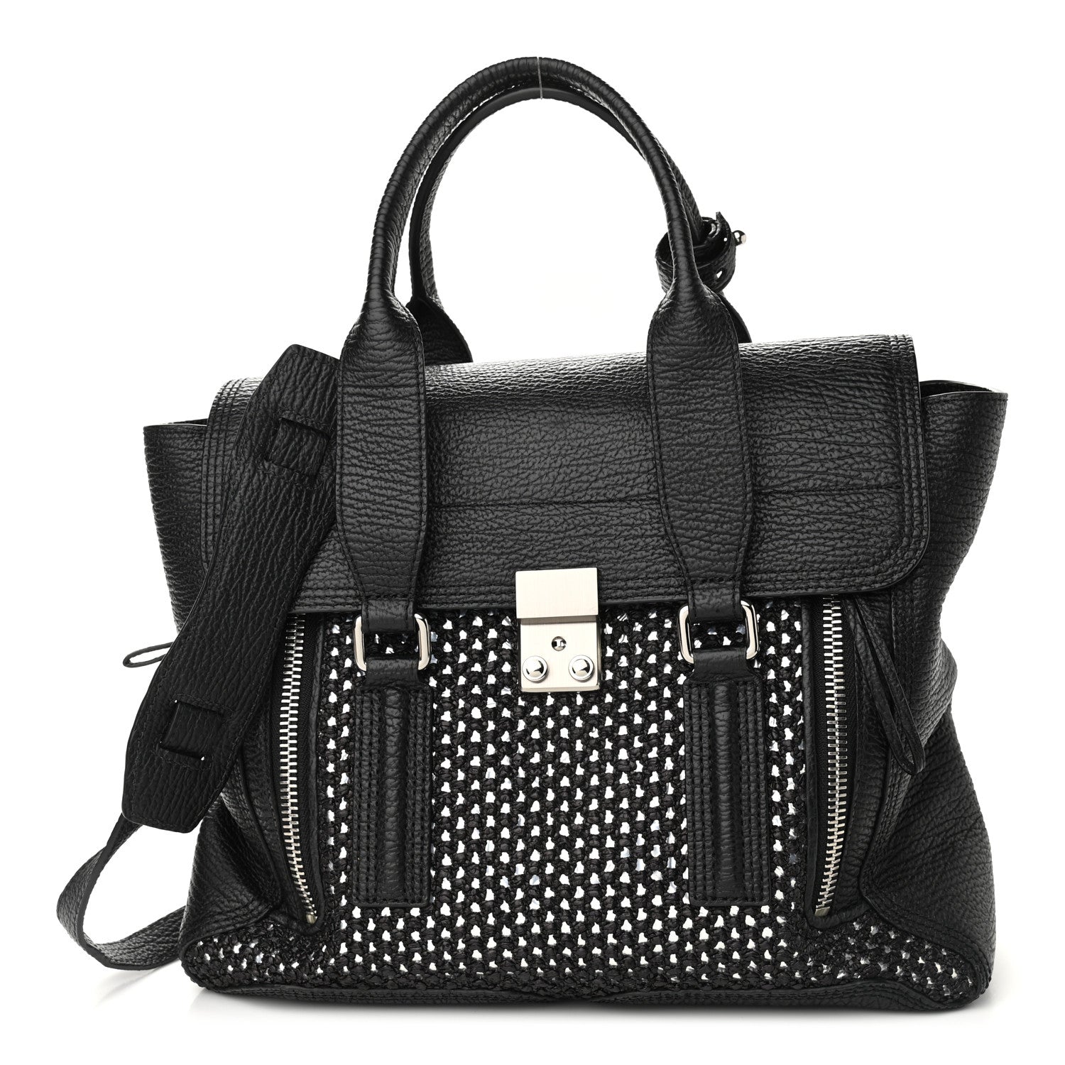 3.1 Phillip Lim 3.1 Textured Calfskin Woven Panel Medium Pashli Satchel Black Silver 1 of 8