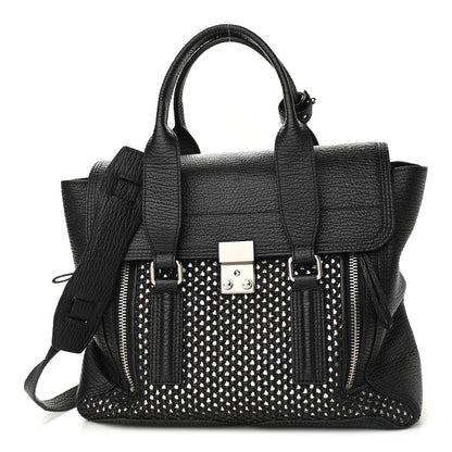 3.1 Phillip Lim 3.1 Textured Calfskin Woven Panel Medium Pashli Satchel Black Silver 1 of 8