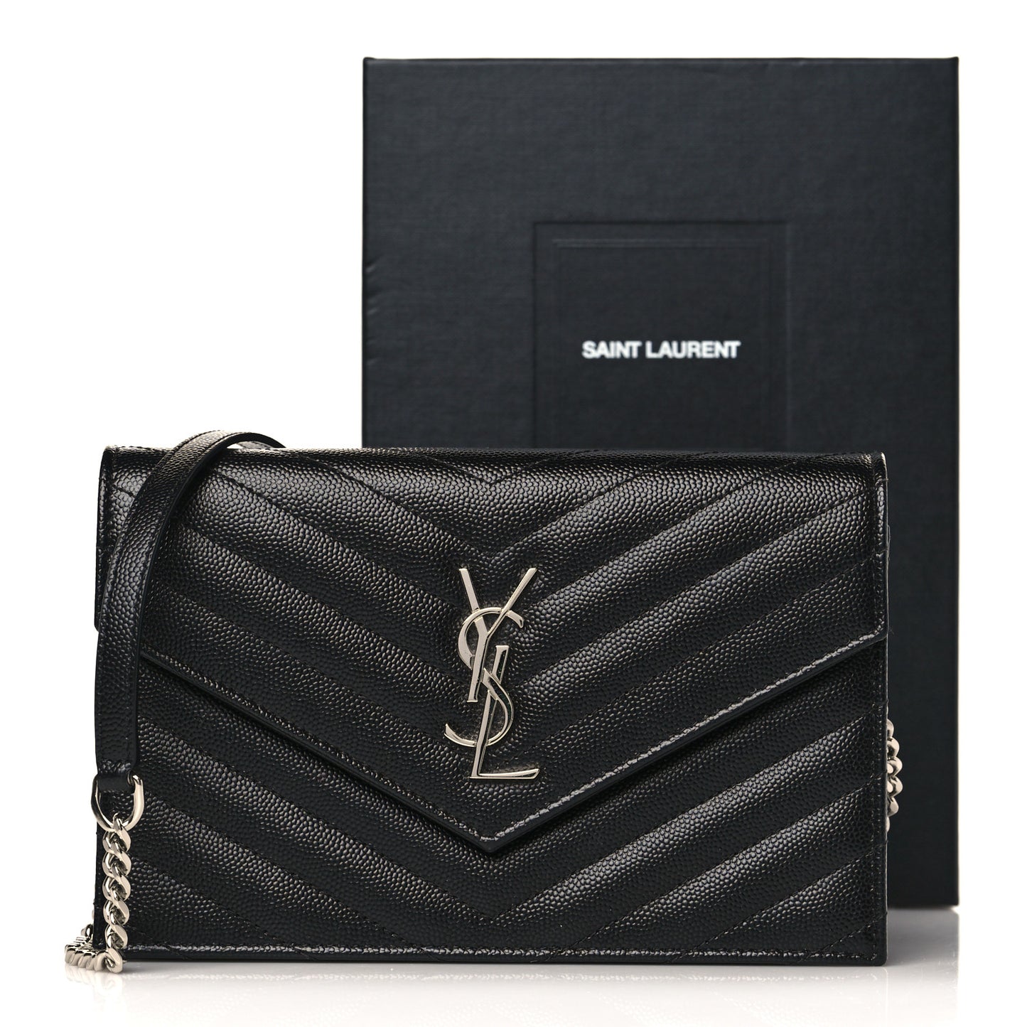 Grain De Poudre Matelasse Chevron Monogram Envelope Chain Wallet Black