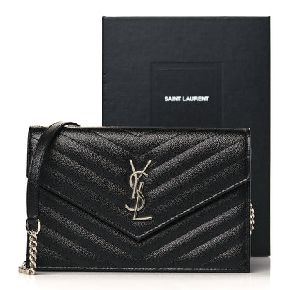 Saint Laurent Grain De Poudre Matelasse Chevron Monogram Envelope Chain Wallet Black 10 of 10