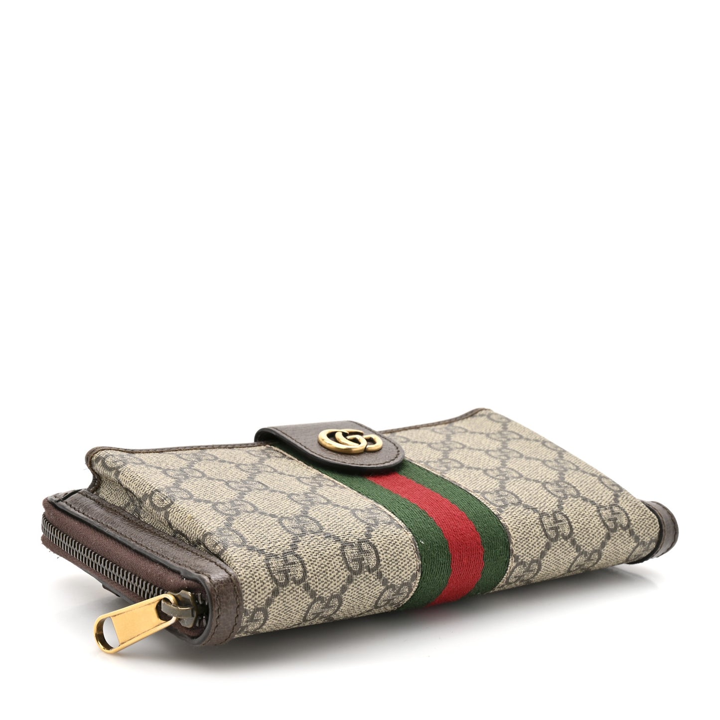 GG Supreme Monogram Web Ophidia Zip Around Phone Holder Wristlet Wallet Brown