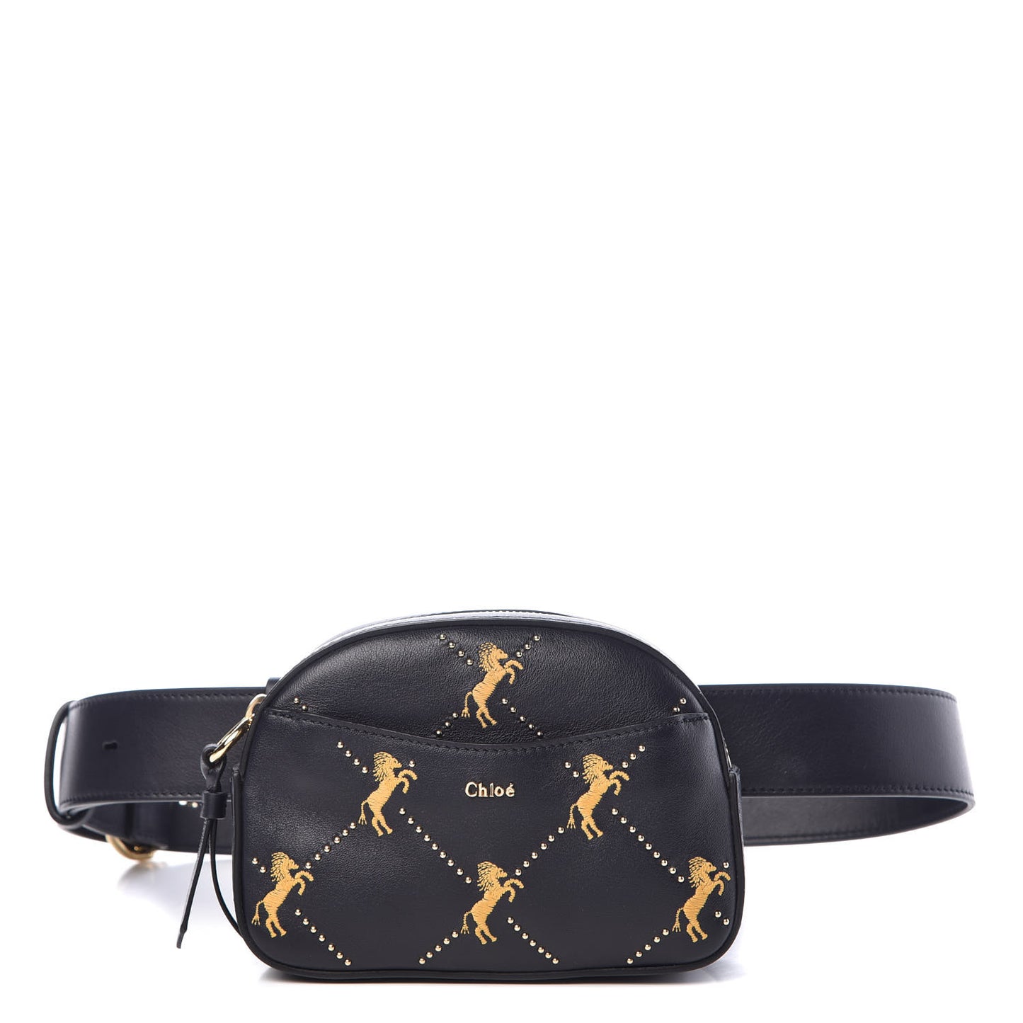 Smooth Calfskin Little Horses Embroidered Signature Belt Bag Black
