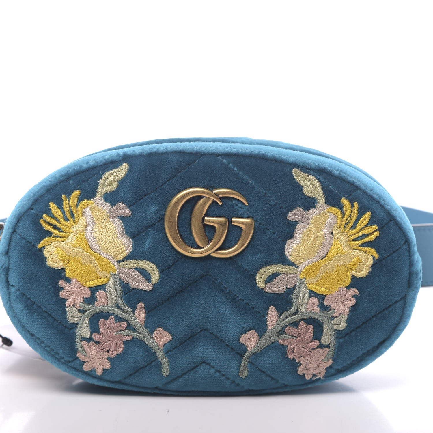 Gucci Velvet Matelasse Embroidered GG Marmont Belt Bag 95 38 Pavone Cyan 10 of 10