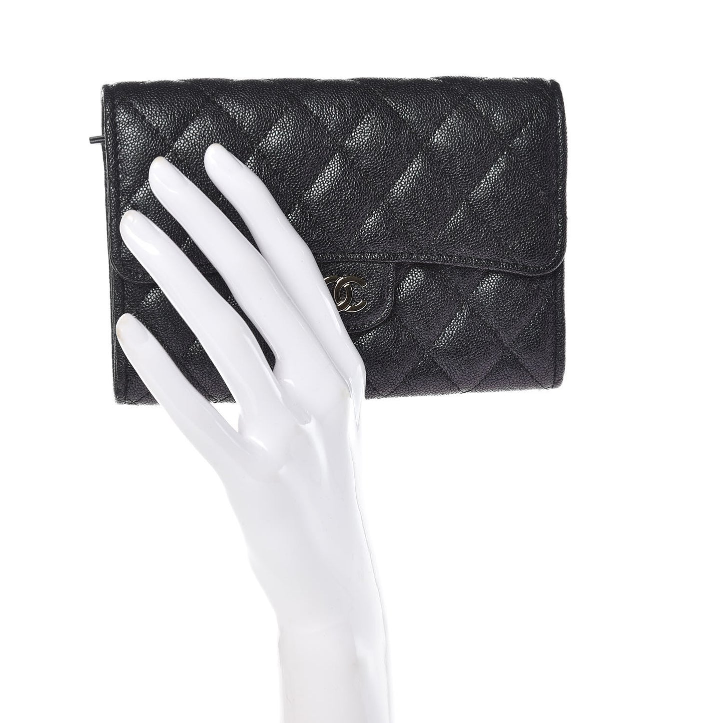 Iridescent Caviar Quilted Medium Flap Wallet Black