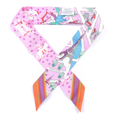 Hermes Silk Les Nouveaux Amoureux de Paris Twilly Rose Buvard White Vert 1 of 4