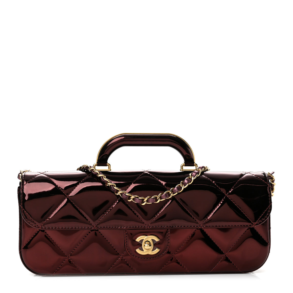Chanel Metallic Mirror Calfskin Large Top Handle Clutch With Chain  Burgundy 1 of 12