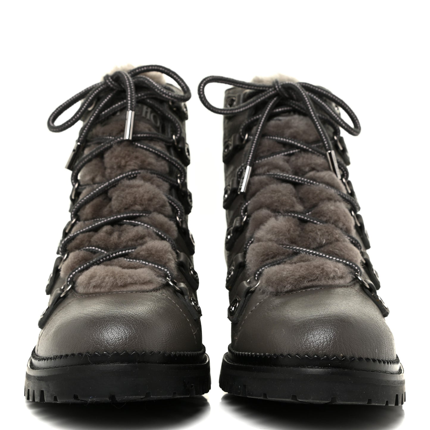 Grainy Calfskin Shearling Hillary Flat Boots 38.5 Dark Grey