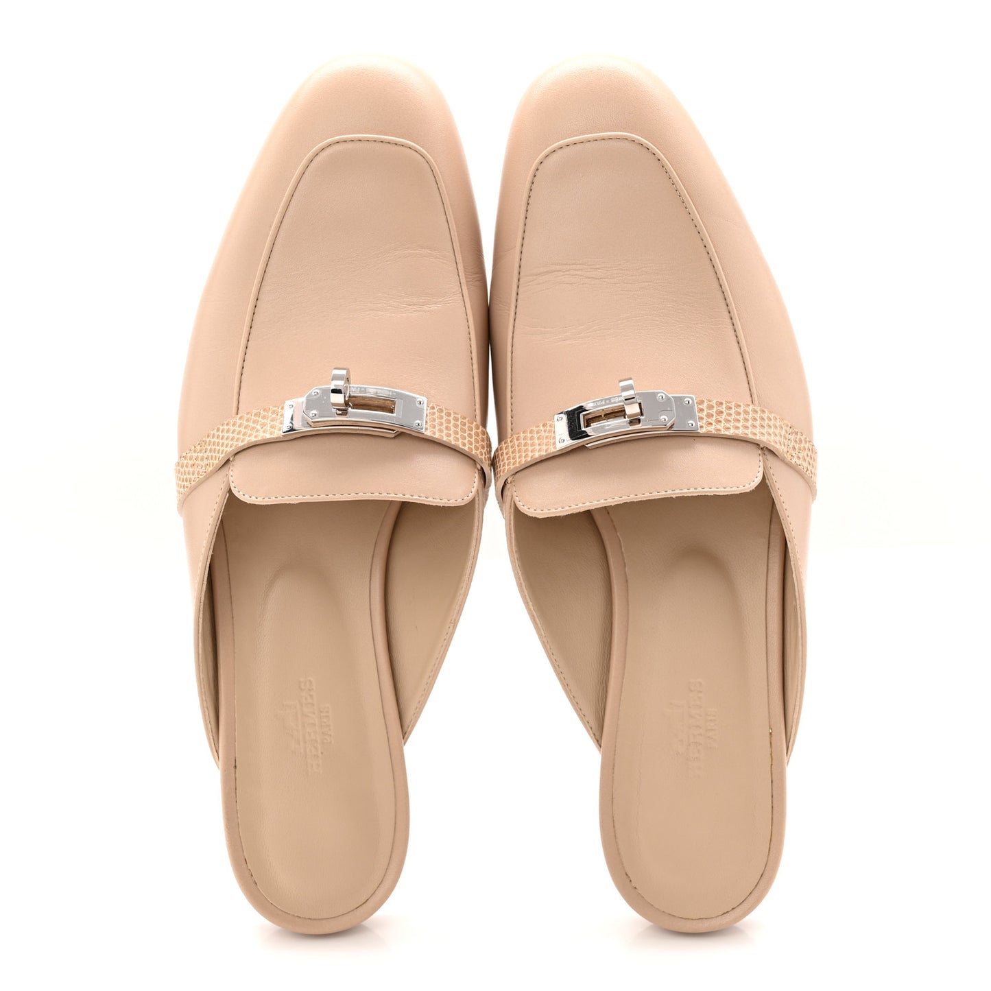 Shiny Lizard Calfskin Oz Mules 40 Beige Sarrazin